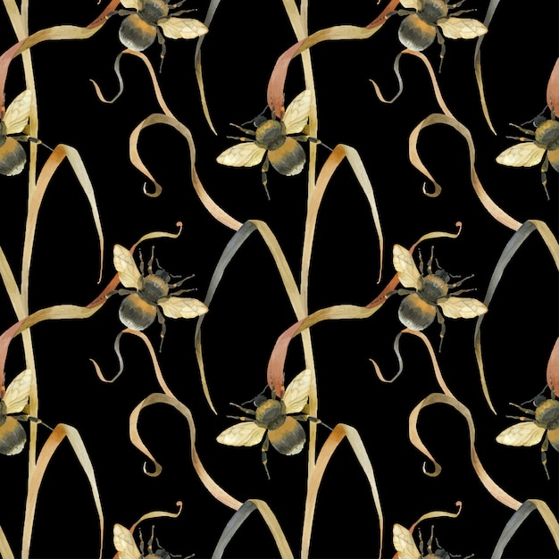 Meadow bee dark seamless pattern