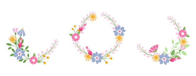 Meadow blossom flower wreaths set Warmful colors Hand drawn isolated flat elements