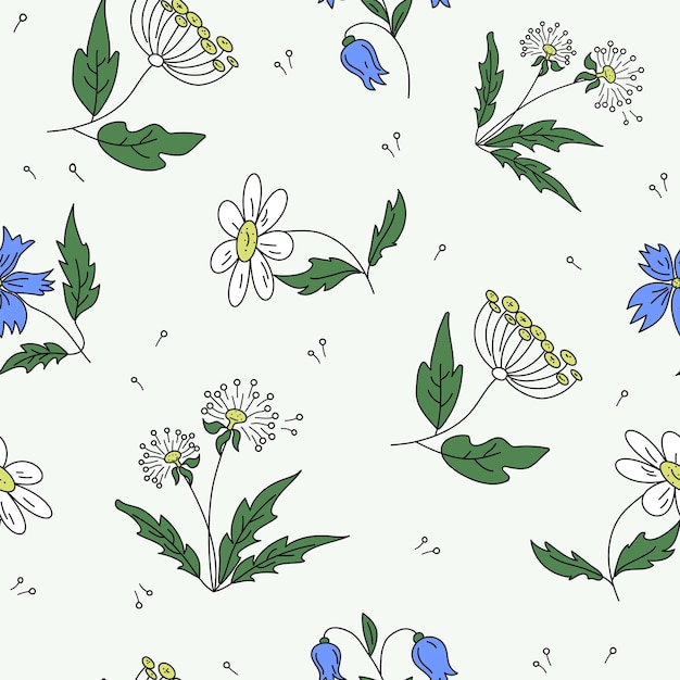 Meadow flowers pattern Garden plants set Doodle color drawing Pattern for textiles wrapping paper wallpaper Vector backgroundx9