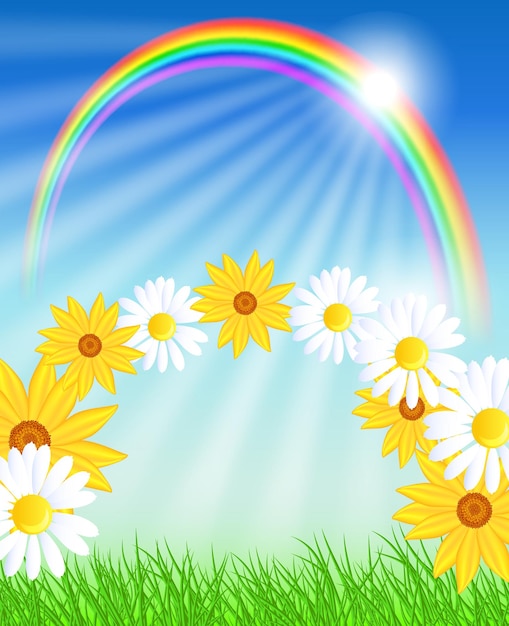 Meadow flowers rainbow sun and blue sky