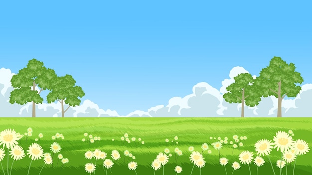 Meadow flowers and trees at sunny day with clouds