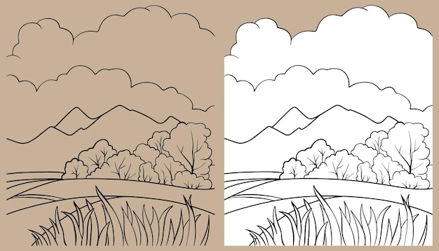 Meadow and forest natural landscape for children's coloring books. Black and white vector