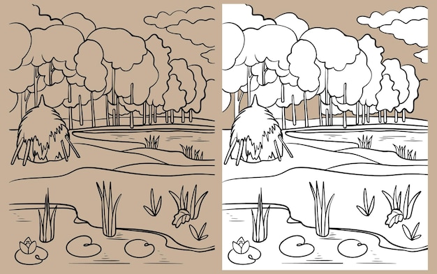 Луг, озеро, стог сена, аллея деревьев, облака природного ландшафта. черно-белый векторный рисунок