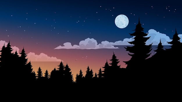 Vector meadow landscape at night with full moon clouds stars trees and flowers