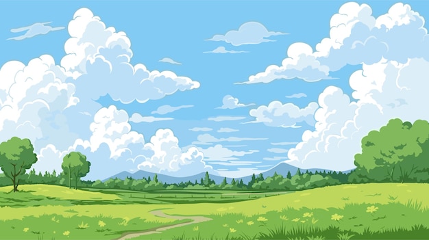 meadow landscape with grass blue sky with white clouds sunny summer day vector illustration
