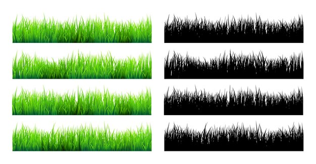 Вектор Силуэты луга с травяными растениями на равнине зеленый и черный панорамный летний пейзаж лужайки с травами и различными сорняками. травяной элемент рамки. горизонтальные баннеры. векторная иллюстрация.