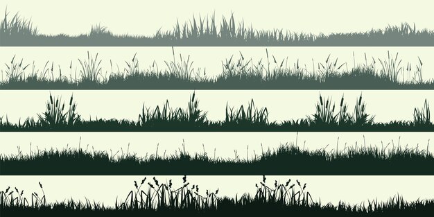 ベクトル 平野に草植物と草原のシルエット ハーブの様々 な雑草とパノラマ夏の芝生の風景ハーブの境界線フレーム要素緑の水平方向のバナー ベクトル図