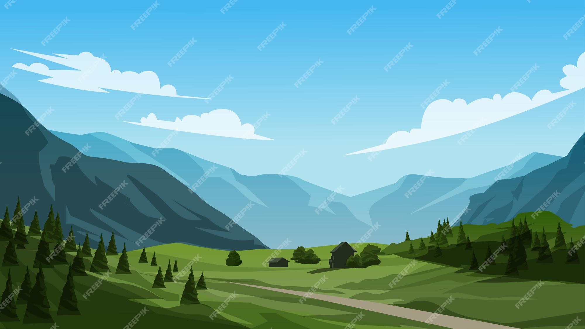 Premium Vector | Meadows landscape with mountains and hill