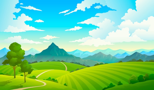 Vector meadows with mountains. landscape hill field mountain land sky wild nature grass forest countryside tree.