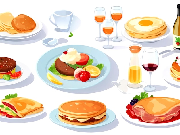 Meal dishes served on plates Eating and drinks set Cooked food for dinner AI_Generated