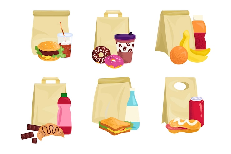 Vector meal food in paper bag lunch box set vector illustration snack breakfast in pack collection package