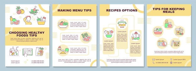 Vector meal planning tips brochure template. making menu. flyer, booklet, leaflet print, cover design with linear icons. vector layouts for presentation, annual reports, advertisement pages