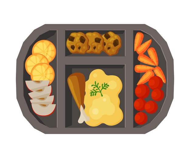 Meal tray filled with mashed potato chicken drumstick and vegetables healthy food for kids and