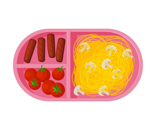 Meal tray filled with pasta sausages and tomatoes healthy food for kids and students view from above