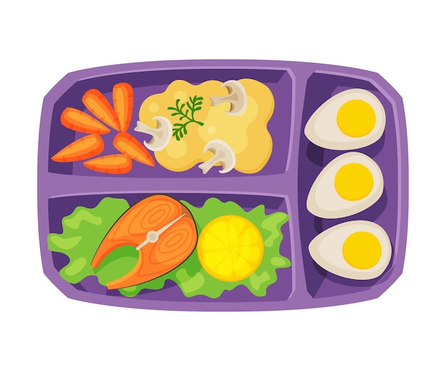 meal tray filled with salmon fish egg and vegetables healthy food for kids and students view from