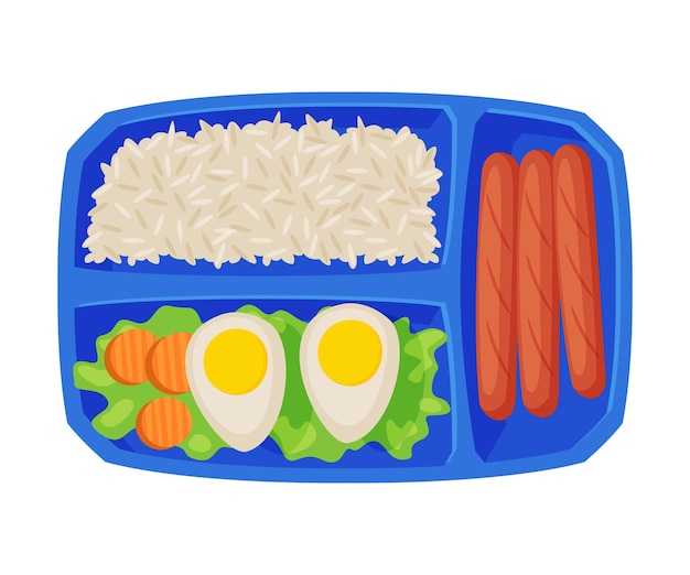 Vector meal tray gevuld met ei rijst en worst gezond voedsel voor kinderen en studenten uitzicht van boven plat