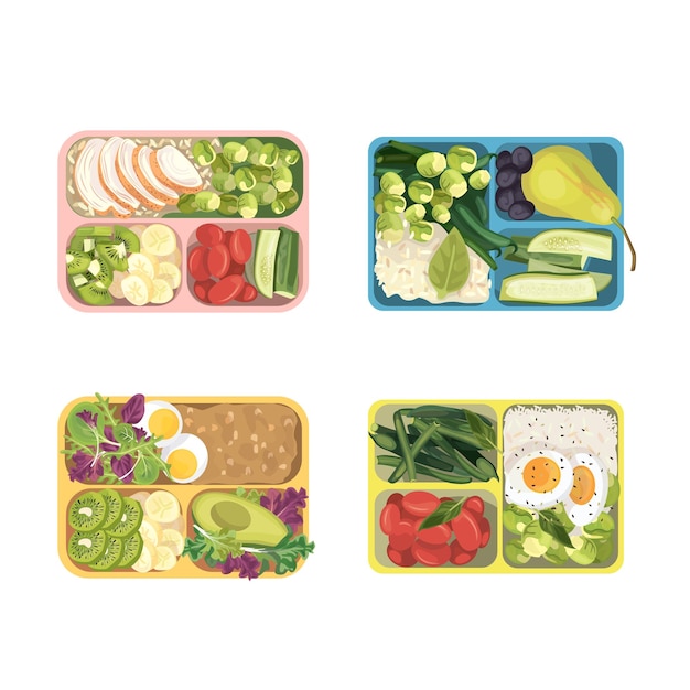 Вектор Подносы с едой, наполненные едой для коллекции обедов здоровая еда для детей и студентов вид сверху плоская векторная иллюстрация