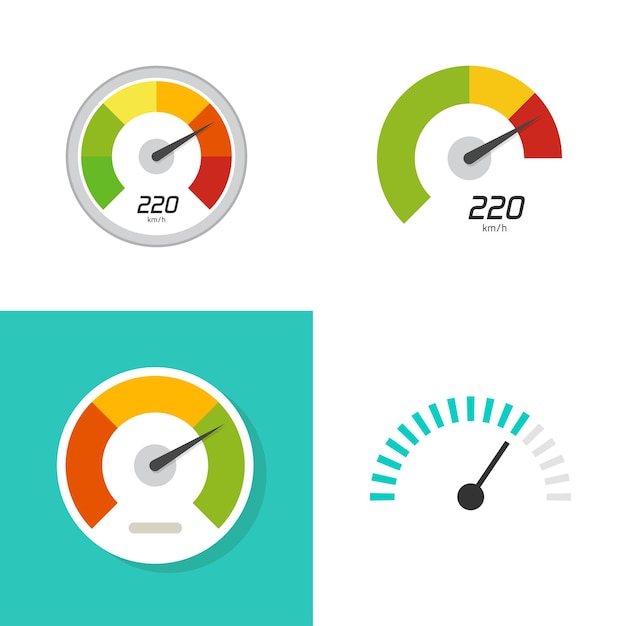 Measure speed meter gauge or speedometer indicator performance score dial icon vector flat cartoon