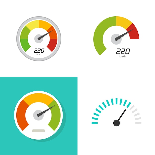 Misurare il misuratore di velocità o l'indicatore del tachimetro le prestazioni del quadrante dell'icona del vettore piatto cartoon