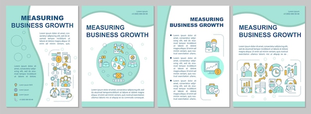 Измерение роста бизнеса синий шаблон брошюры. компания развивается. флаер, буклет, печать листовок, дизайн обложки с линейными иконками. векторные макеты для презентаций, годовых отчетов, рекламных страниц