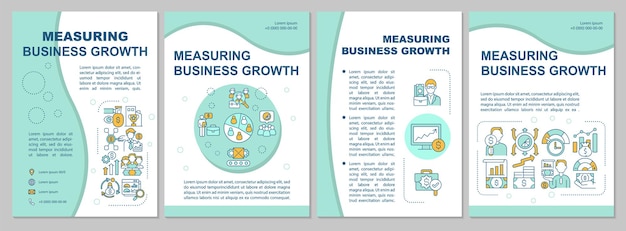 Vector measuring business growth blue brochure template. company develops. flyer, booklet, leaflet print, cover design with linear icons. vector layouts for presentation, annual reports, advertisement pages
