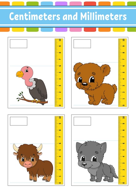Измерение длины в сантиметрах и миллиметрах Образовательный развивающий лист Игра для детей Цветная страница активности