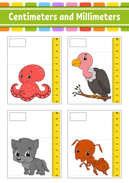 Measuring length in centimeter and millimeter education developing worksheet game for kids color activity page