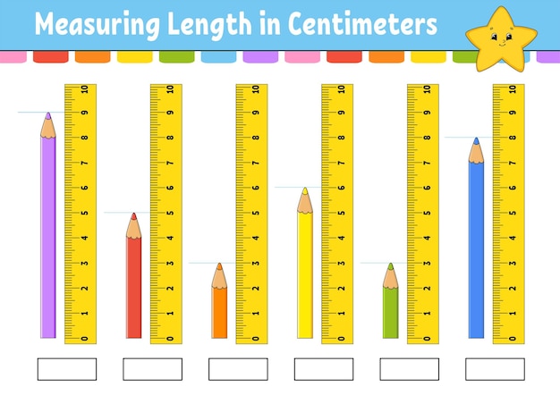 Misurazione della lunghezza in centimetri con il righello foglio di lavoro per lo sviluppo dell'istruzione gioco per bambini pagina attività a colori