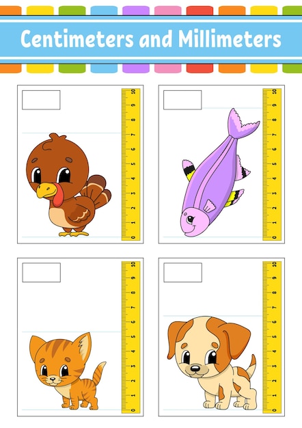 센티미터 및 밀리미터로 길이 측정 교육 개발 워크시트 어린이용 게임 색상 활동 페이지