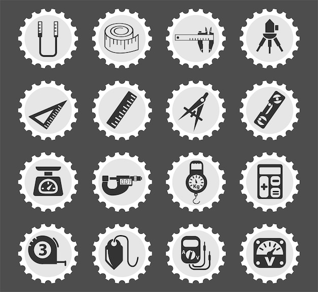 Measuring tools symbols on a round postage stamp stylized icons