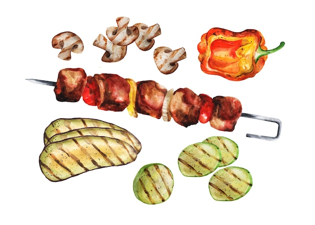 Meat barbecue with grilled vegetables - peppers, mushrooms, zucchini, eggplants