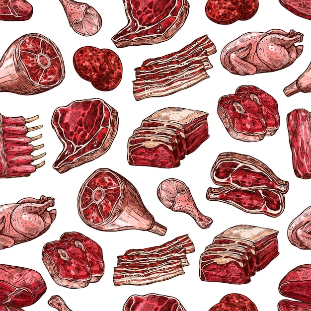 Vector meat beef pork and chicken cuts seamless pattern