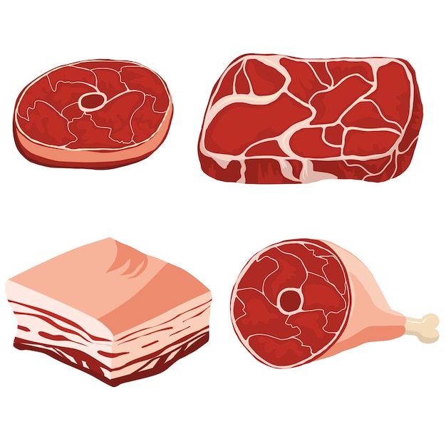 Meat cuts assortment, fresh meat products - pork, beef, lamb, round steak and whole leg with bone cartoon, bbq food design, bacon fillet ham.