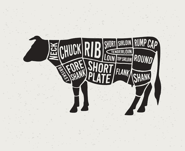 Вектор Разрезки мяса диаграммы для мясной лавки схема говядины силуэт животного говедины векторная иллюстрация