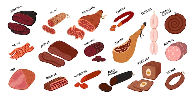 Vector meat delicatessen set. sausages and meat deli delicatessen from all over the world