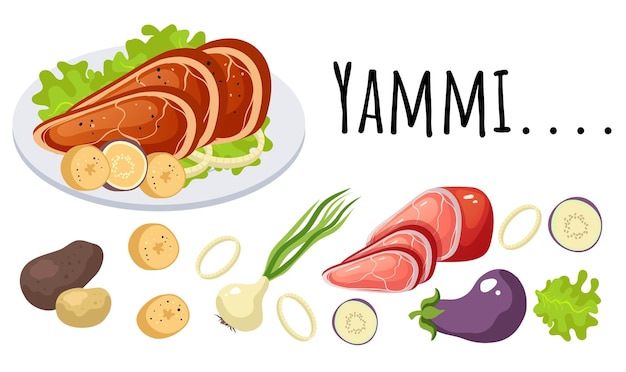 접시에 고기 요리입니다. 요리 메뉴 재료 절연 세트 디자인 그래픽 일러스트