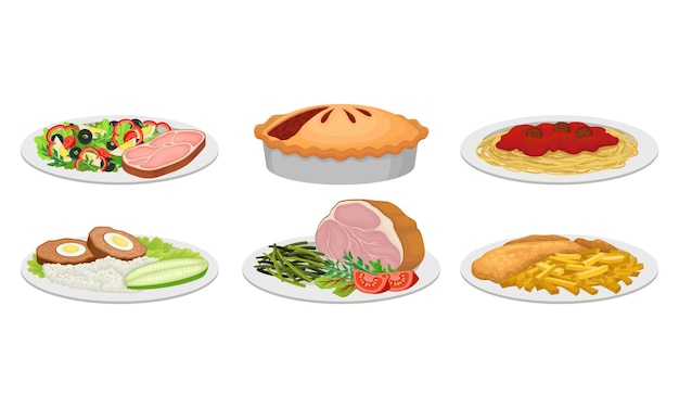 Meat Dishes and Courses Served on Plates with Meat Loaf and Pasta Vector Set