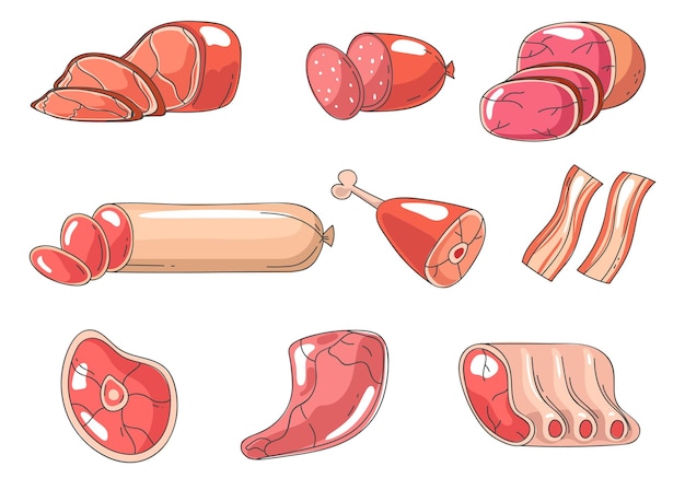 Vector meat doodle isolated set flat graphic design illustration