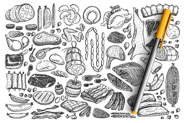 Vector meat doodle set.