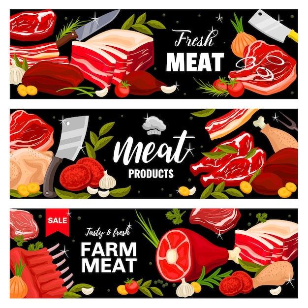 Vector meat food of butcher shop banners with beef pork