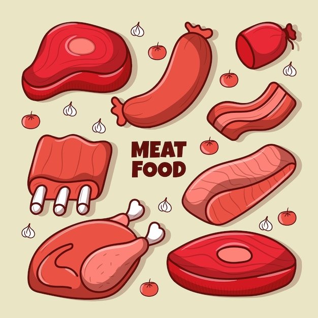 Набор элементов мясной пищи с цветной иллюстрацией, нарисованной вручную