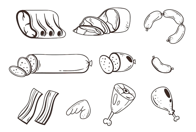 벡터 고기 음식 생 스테이크 고기 고기는 돼지고기 소시지 바베큐 고립된 세트 수집 개념 터 그래프