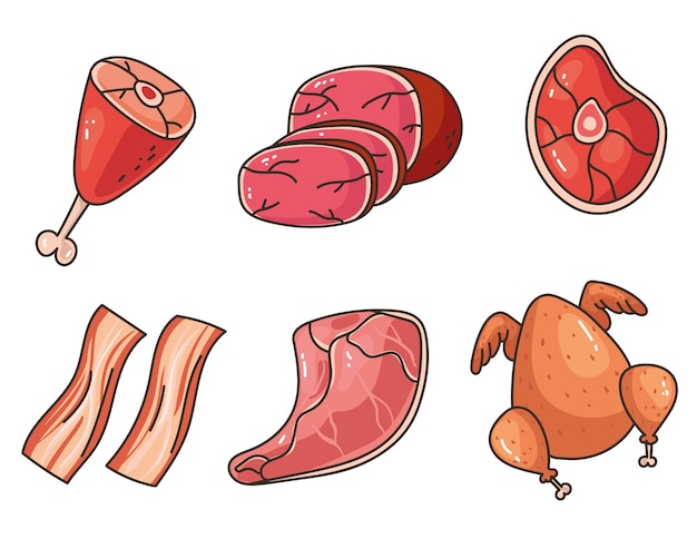 ベクトル 肉料理生ステーキ チキン ビーフ ポーク ソーセージ バーベキュー分離セット コレクション コンセプト