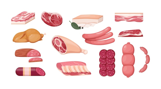 Meat fresh steaks meat delicatessen cartoon set.