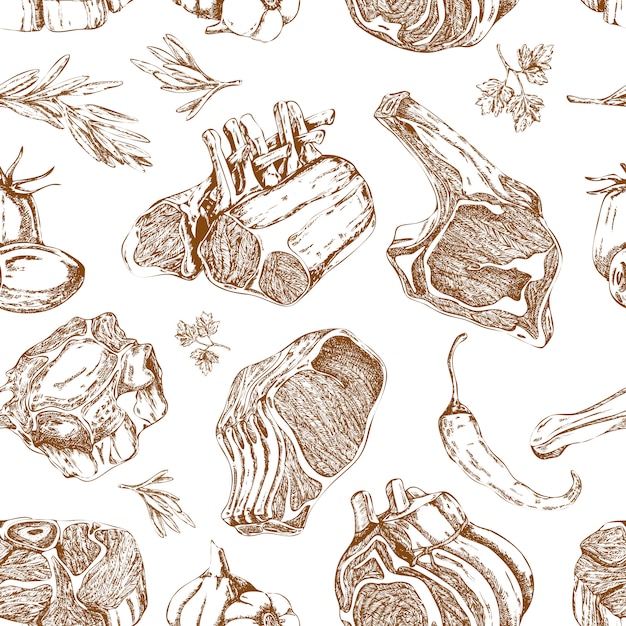 Meat hand drawn monochrome seamless pattern