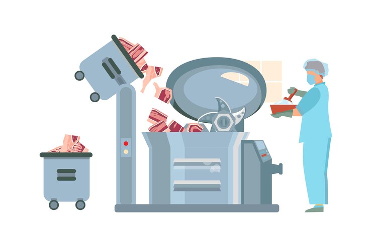 Vector meat processing plant flat illsutration worker in uniform making meat products