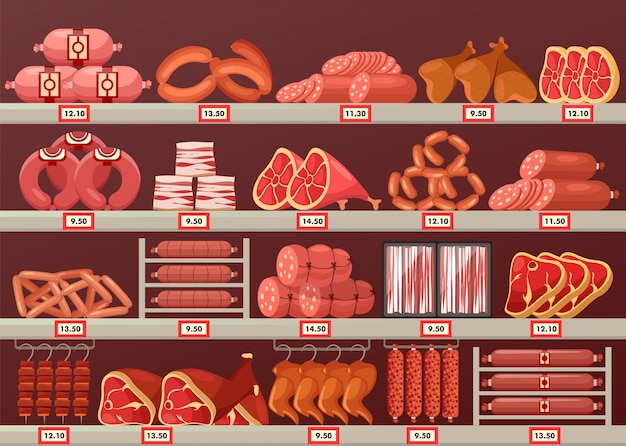 Vector meat product at butcher store or shop stall