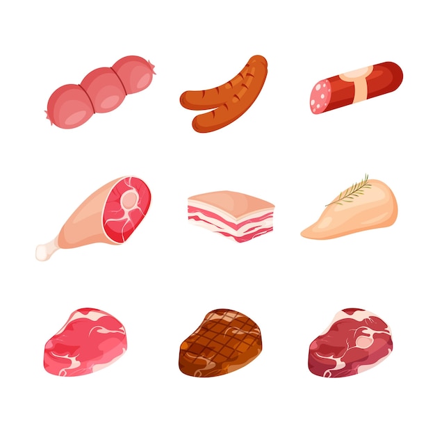 Вектор Набор иконок мясных продуктов стейки из свинины, бекона, куриной колбасы магазин еды векторная иллюстрация