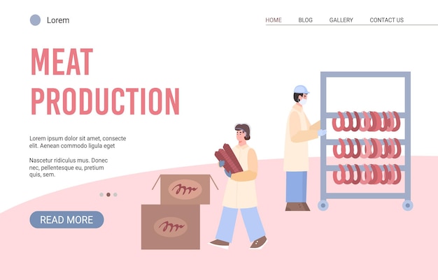 Meat production industry website interface flat cartoon vector illustration