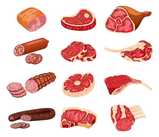 Prodotti a base di carne. cartoon macelleria cibo, pollo, bistecca di manzo, maiale, costolette, fetta di pancetta e salsicce.